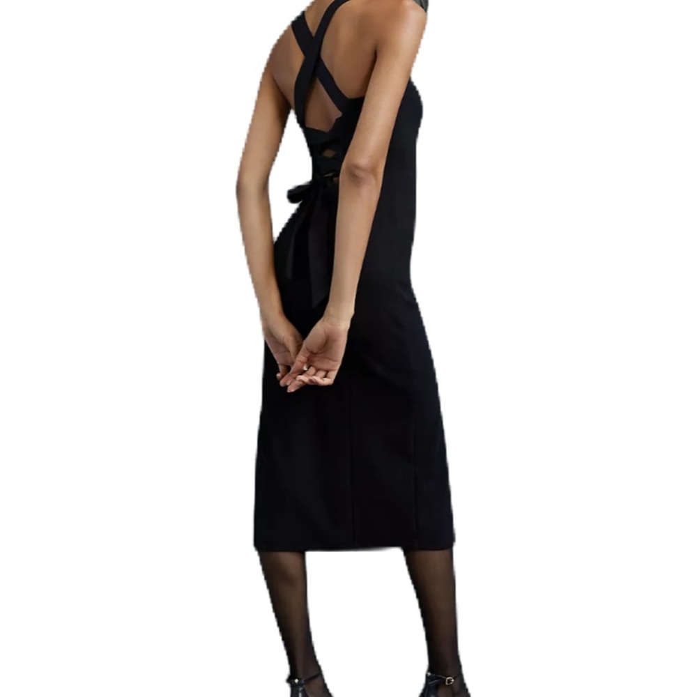 Anthropologie Black Midi Dress back corset style lace up. Classic dress - Picture 8 of 9
